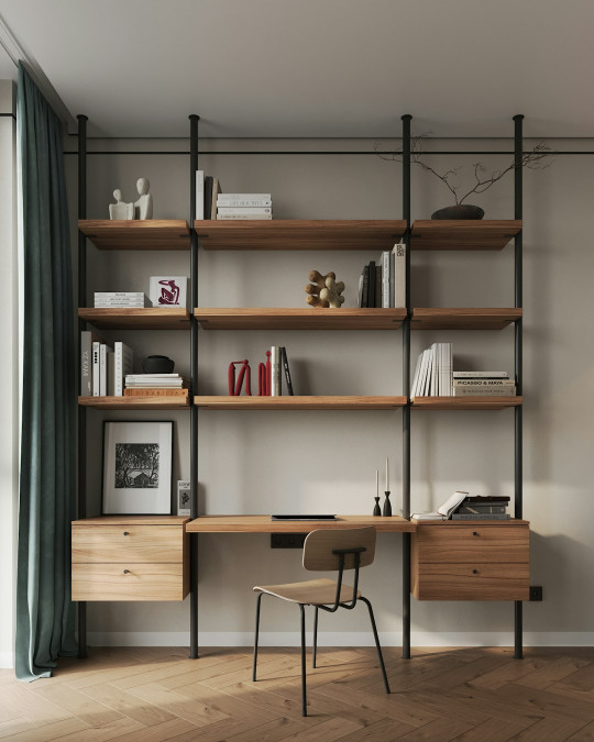 A room with a desk, shelves and a chair