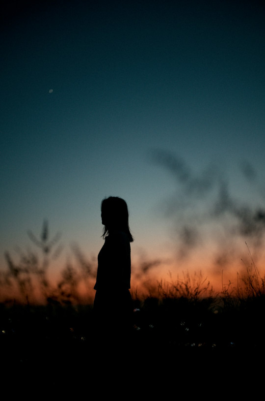 A person standing in a field at sunset