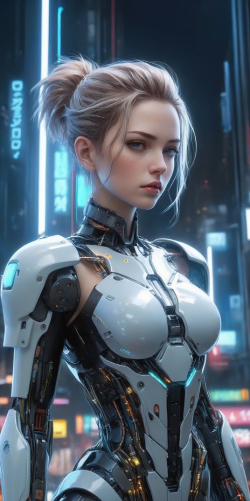 Cyber chica, rubia, hermosa en una ciudad futurista