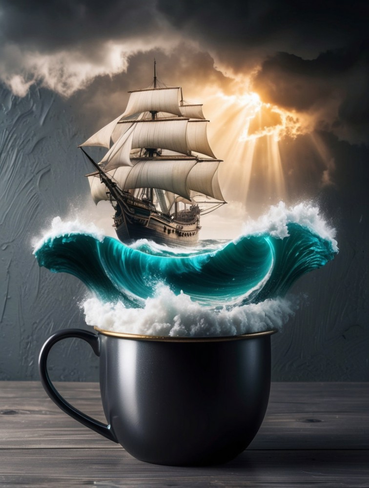 Creativo barco surcando los mares en una taza de café