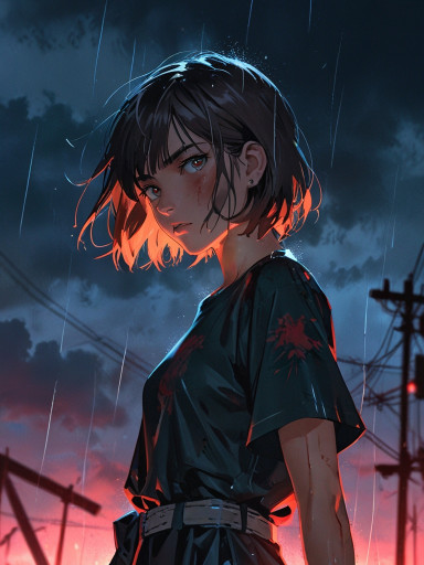 Chica de anime bajo la lluvia