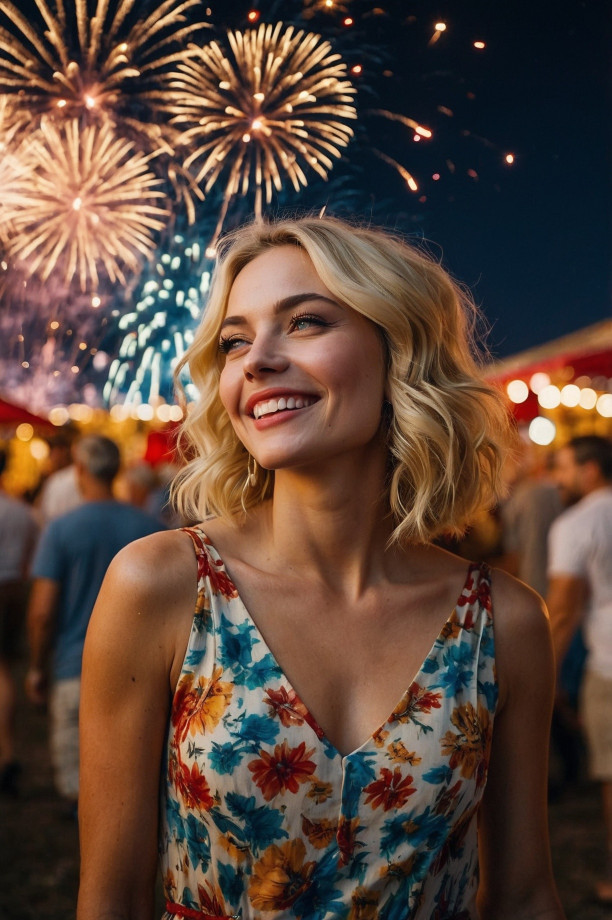 Hermosa chica rubia, con fuegos artificiales de fondo