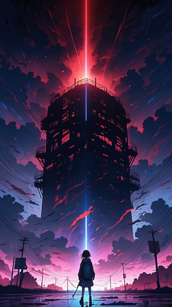 Persona de anime frente a una torre con luz roja