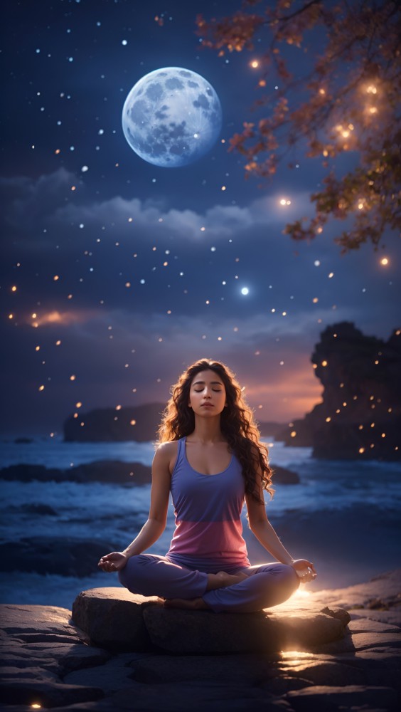 Chica meditando bajo la luz de la luna