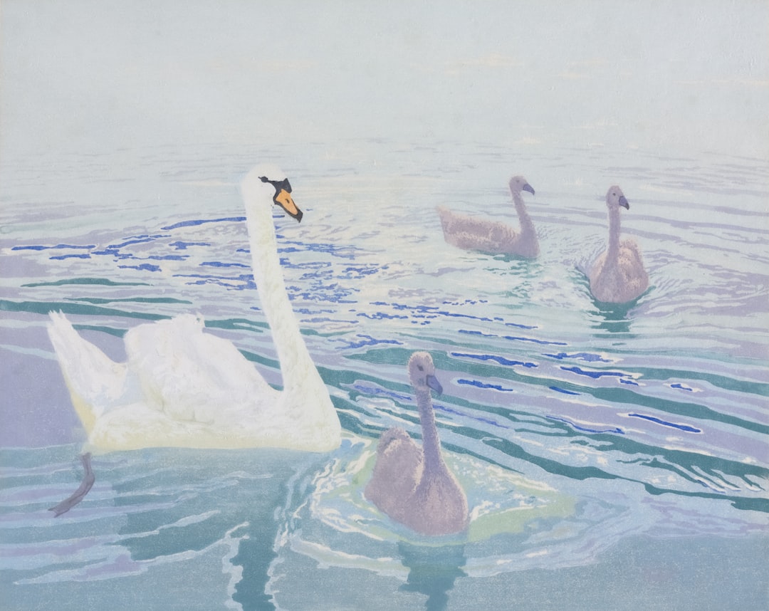 A painting of swans swimming in the water