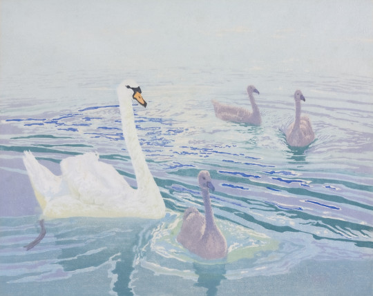 A painting of swans swimming in the water