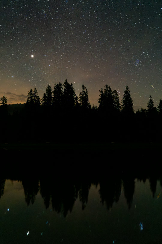 The night sky is reflected in the still water of a lake