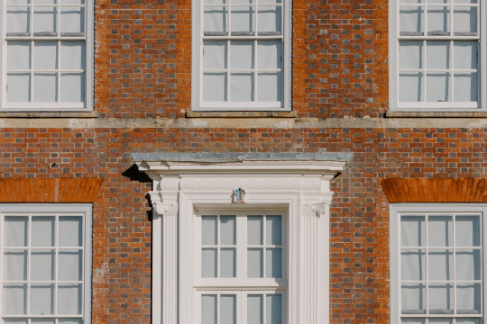 A red brick building with white windows and a bird sitting on the window sill