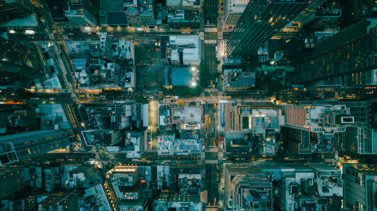 An aerial view of a city at night