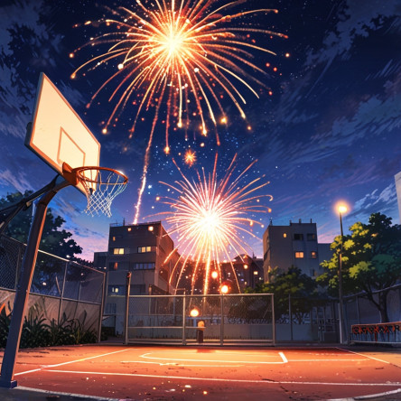 Fuegos artificiales vistos desde la cancha de basketball