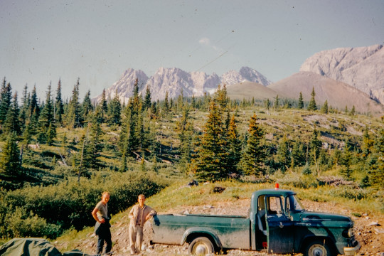 A couple of people standing next to a truck