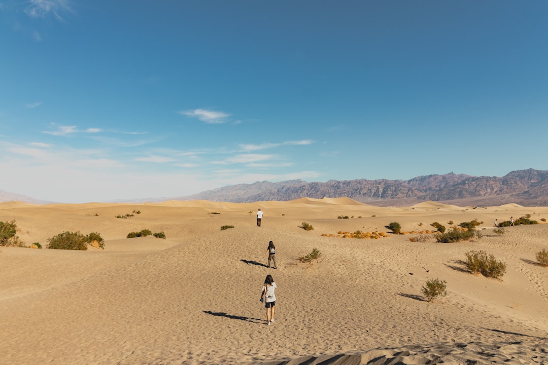 A group of people walking across a desert