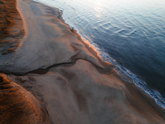 An aerial view of a beach and the ocean