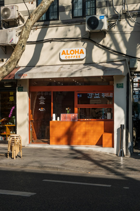 A street corner with a store called aloh