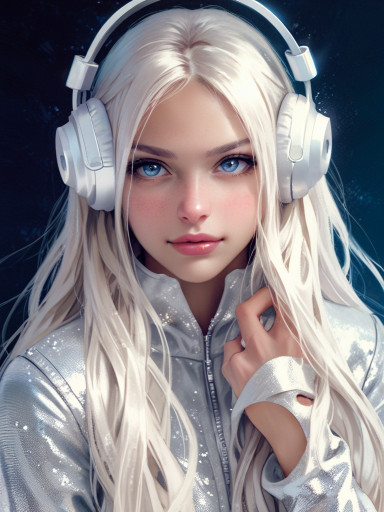 Chica de cabello blanco, escuchando música