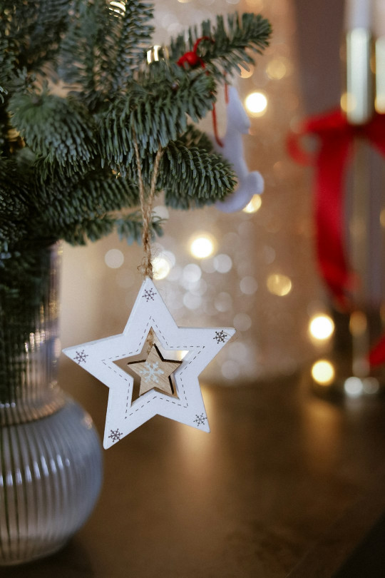 A christmas tree with a star ornament hanging from it