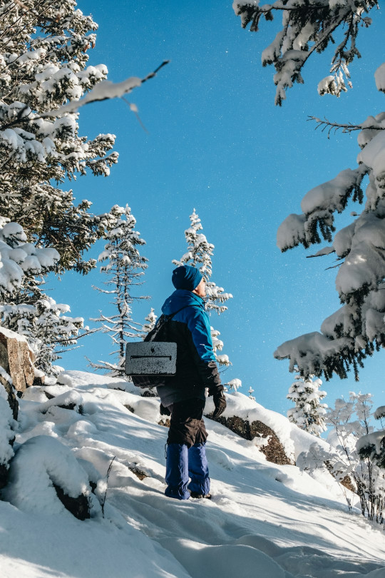 A person standing on a snow covered hill