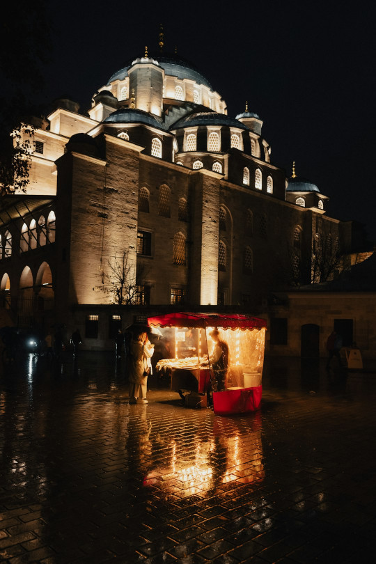 A large building with a dome lit up at night