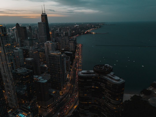 An aerial view of a city at night