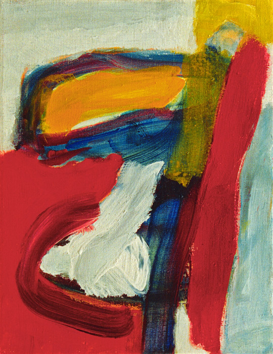 A painting of a red chair with a yellow seat