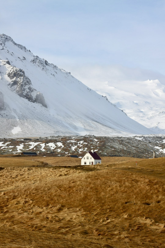 A house in a field with a mountain in the background