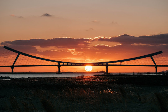 The sun is setting behind a bridge over water