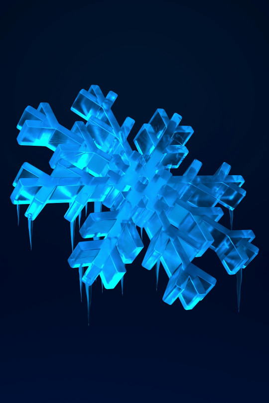 A blue snowflake is shown against a dark background