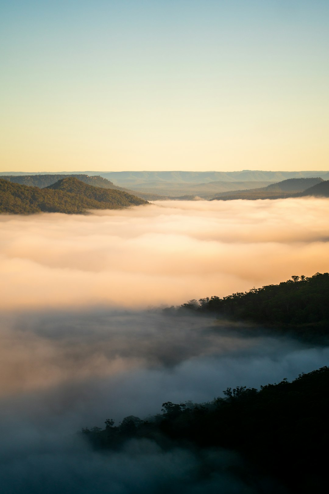 A view of a mountain covered in fog